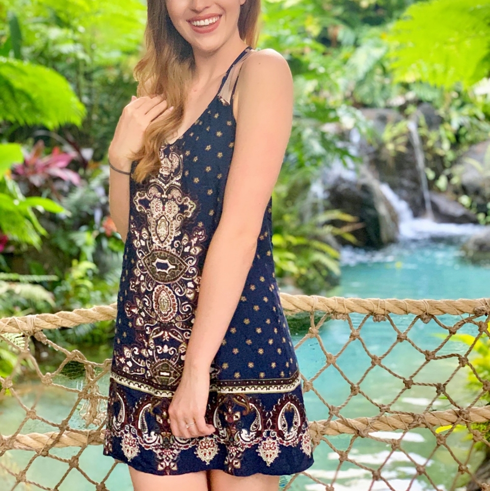 Navy Patterned Slip Dress